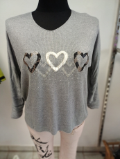 Langarmpullover grau Glitzerdruck Herzen