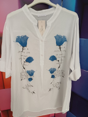 Baumwoll-Bluse wei� mit Druck Blume blau