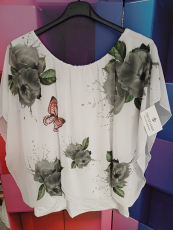 Bluse Dressplaner  wei�/grau Druck Rose/Schmetterling
