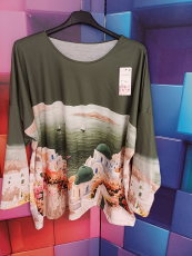 Bigsize-Shirt olivgr�n Druck Santorini