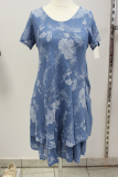 Leinenkleid Kurzarm jeansblau/wei