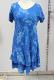 Leinenkleid Kurzarm royalblau/hellblau