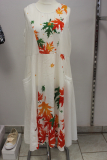 Baumwoll-Kleid ohne Arm wei Muster Bltter