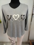 Langarmpullover grau Glitzerdruck Herzen