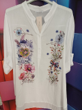 Baumwoll-Bluse wei� mit Druck Blumen bunt