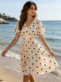 Kleid Kurzarm beige Druck Punkte