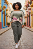 Strickpullover gr�n Motiv Santorini